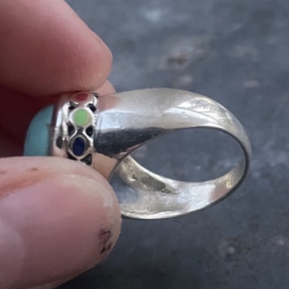 925 Sterling Silver Turquoise Ring w. multicolor design Size 8 - Picture 5 of 6